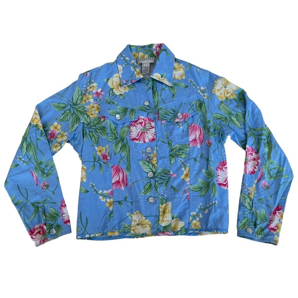 Vintage Tehama Blue Floral Linen Blend Button Down Shirt Small USA